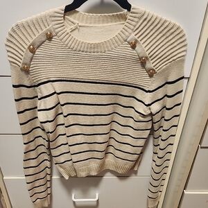 Striped Cream Sweater with Gold Button Accents